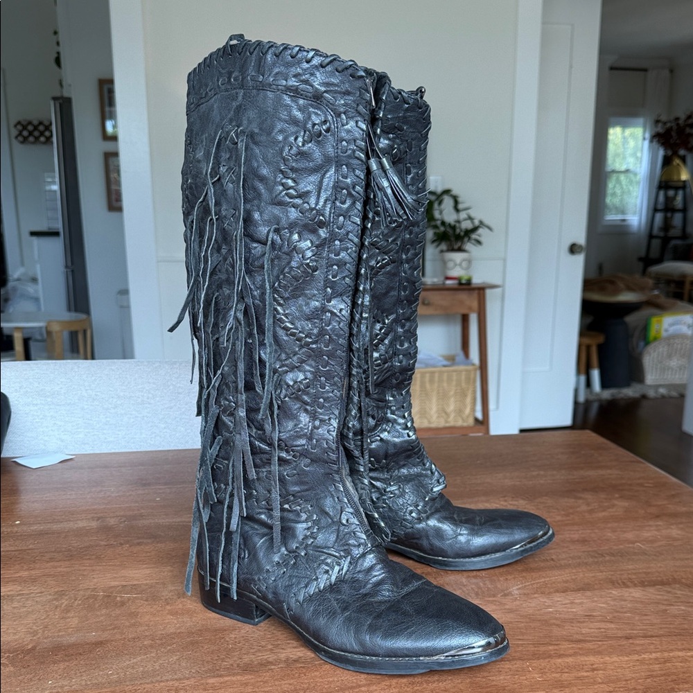 Sam Edelman Palermo Black Leather to the Knee Boots with Fringe- size 10 - Picture 3 of 7